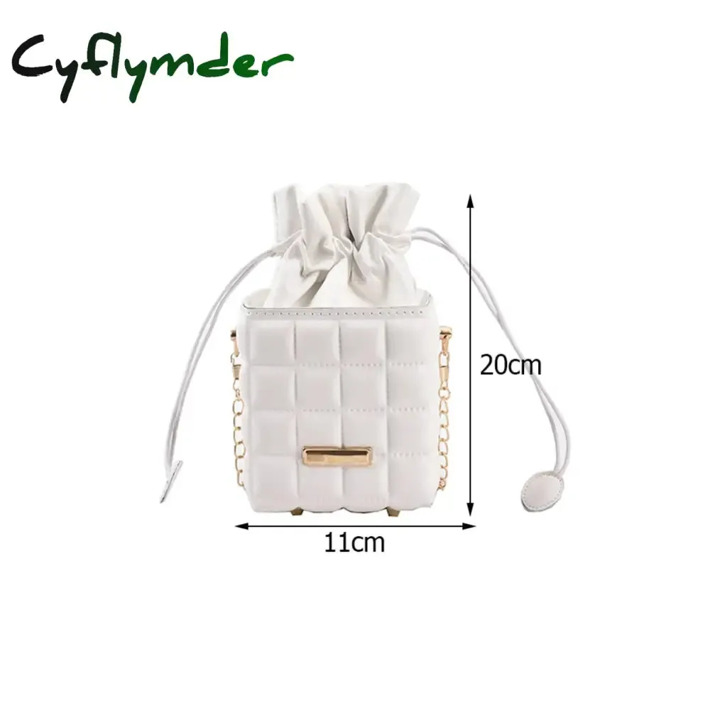 Cyflymder Fashion Women PU Leather Checker Pattern Drawstring Chain Cube Shoulder Crossbody Messenger Bag Casual Handbags Purse