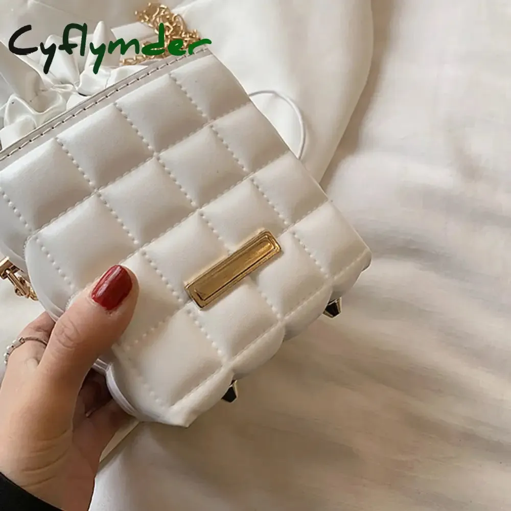 Cyflymder Fashion Women PU Leather Checker Pattern Drawstring Chain Cube Shoulder Crossbody Messenger Bag Casual Handbags Purse