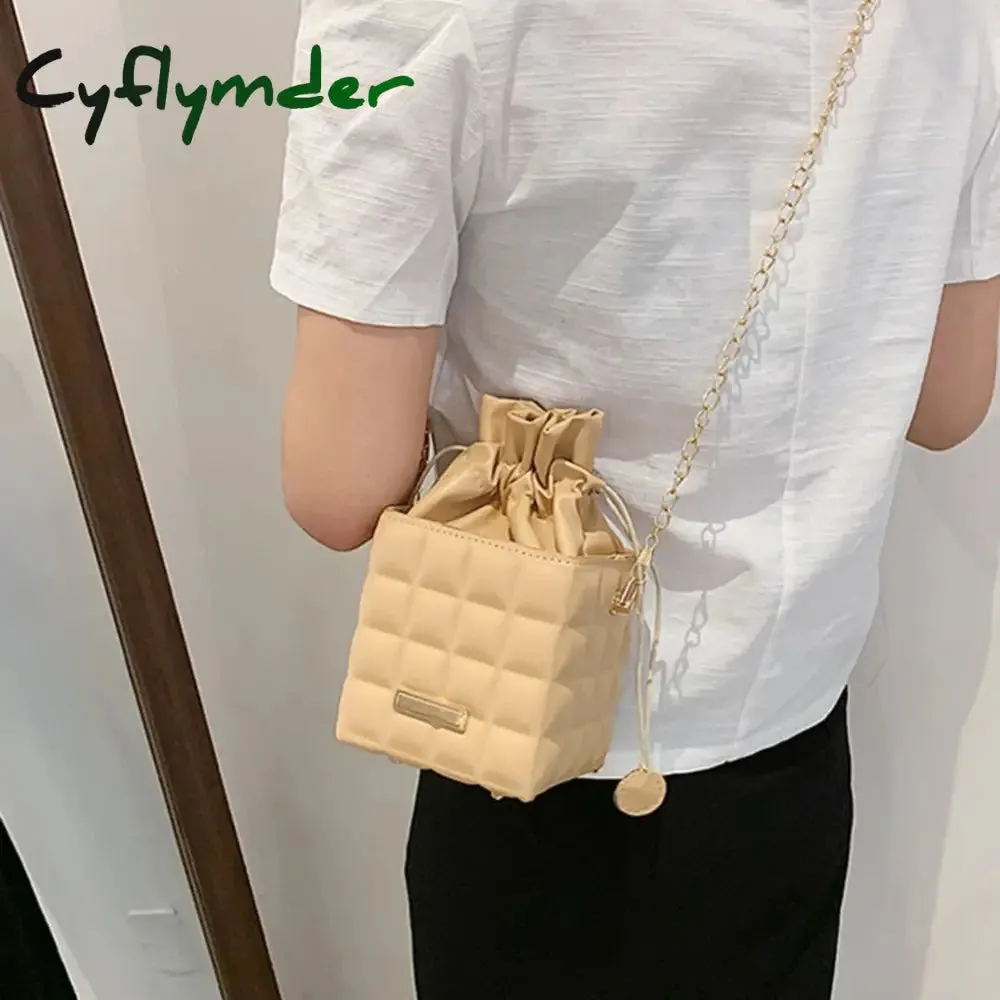 Cyflymder Fashion Women PU Leather Checker Pattern Drawstring Chain Cube Shoulder Crossbody Messenger Bag Casual Handbags Purse