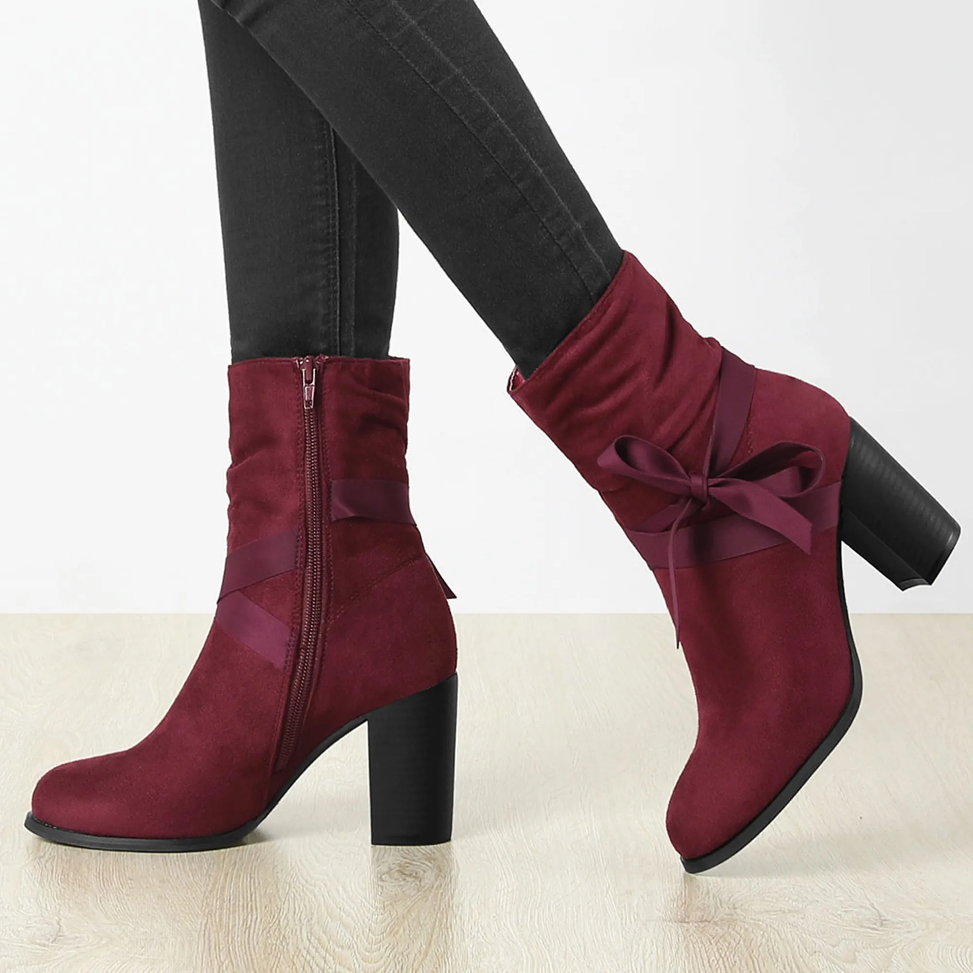 Faux Suede Round Toe Slouchy Chunky Heel Ankle Boots