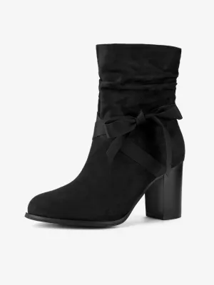 Faux Suede Round Toe Slouchy Chunky Heel Ankle Boots