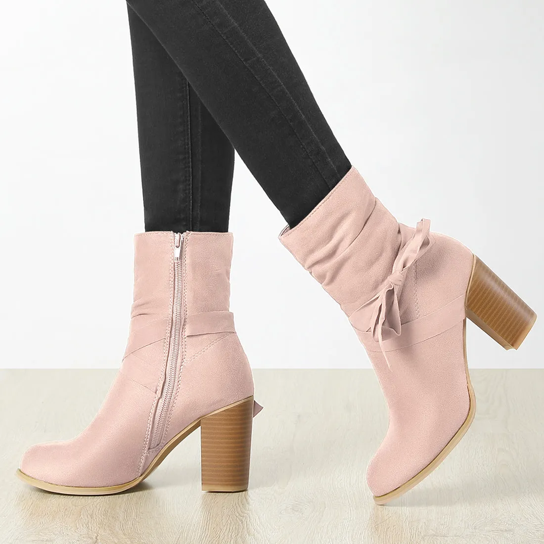 Faux Suede Round Toe Slouchy Chunky Heel Ankle Boots