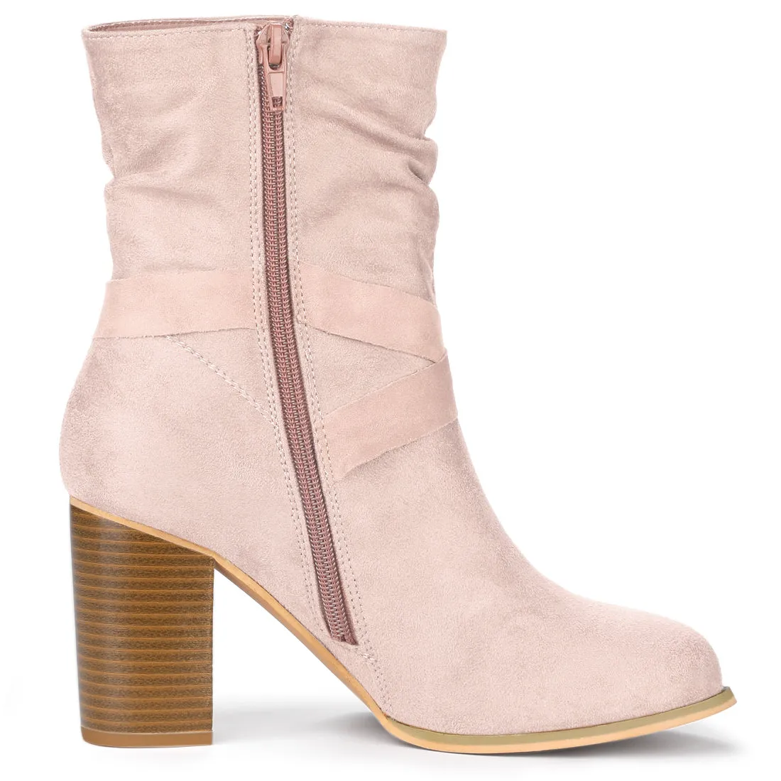 Faux Suede Round Toe Slouchy Chunky Heel Ankle Boots