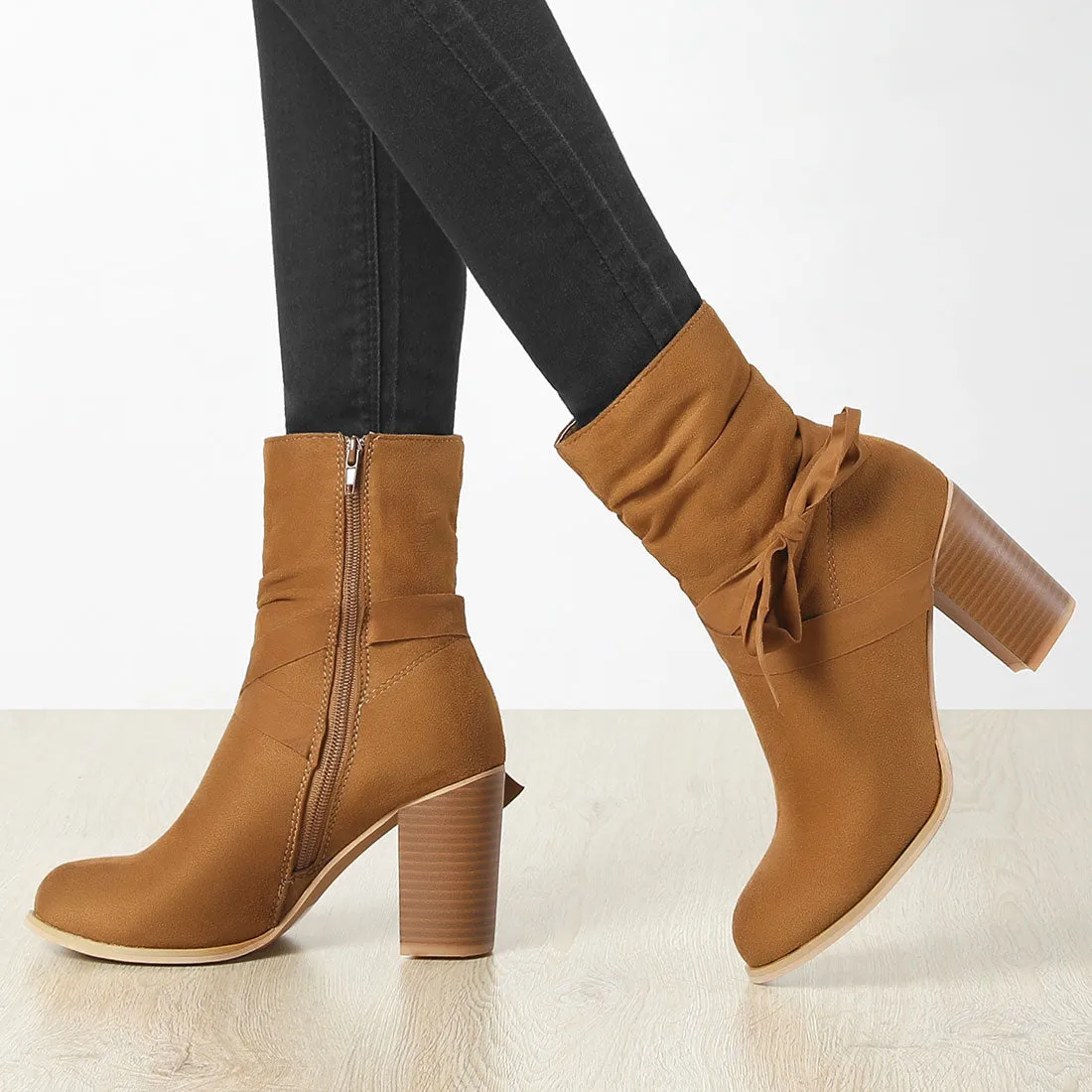 Faux Suede Round Toe Slouchy Chunky Heel Ankle Boots