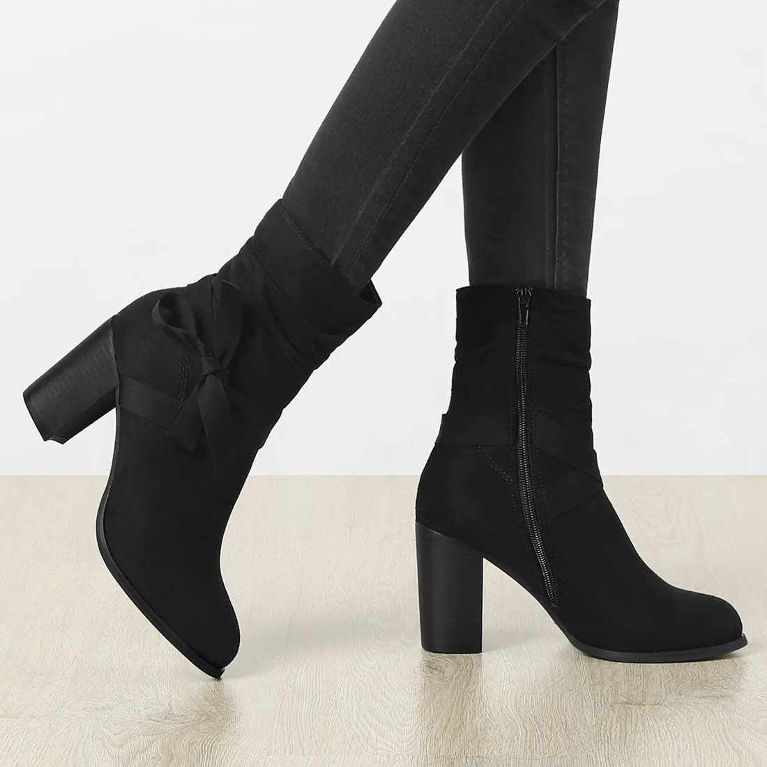 Faux Suede Round Toe Slouchy Chunky Heel Ankle Boots