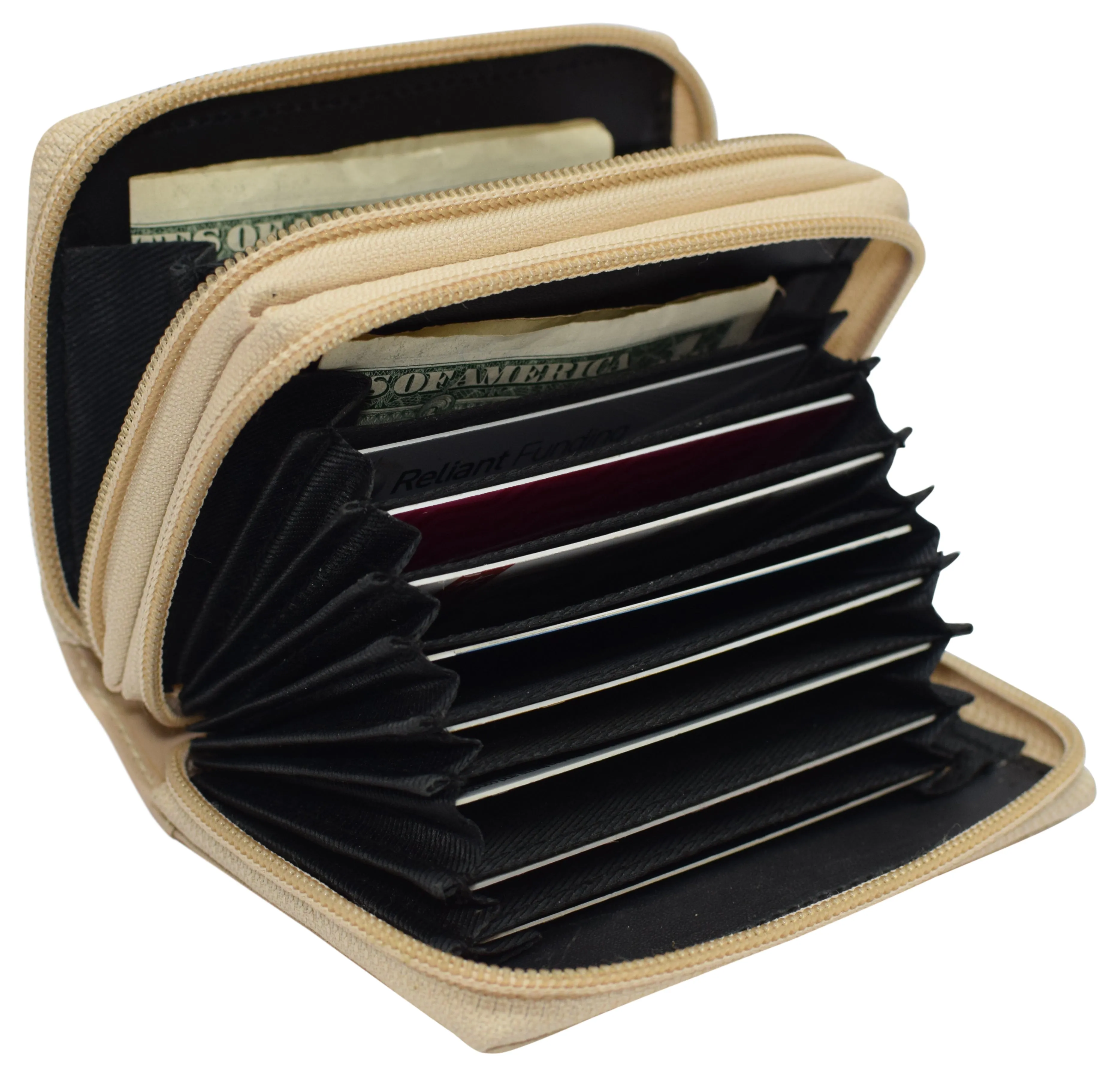 Genuine Leather RFID Identity Protected Double Zippered Accordion Wallet