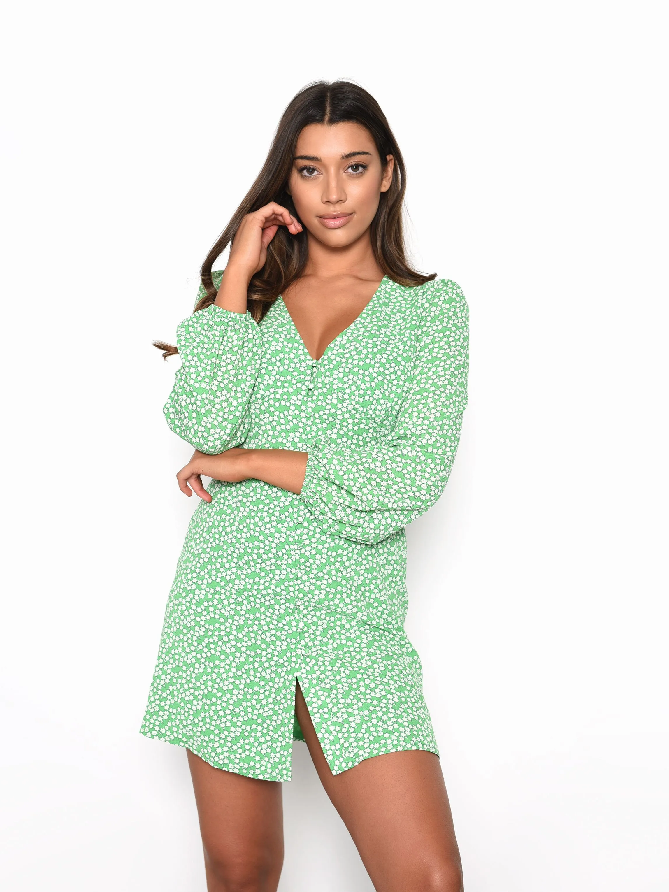 Glamorous Green Floral Print Button Up Dress