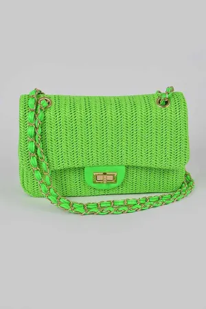 Green Faux Straw Shoulder Bag