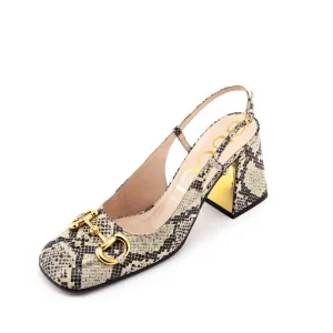 Gucci Beige & Black Leather Python Print Horsebit Accent Slingback Pumps Size 10 | EU 40