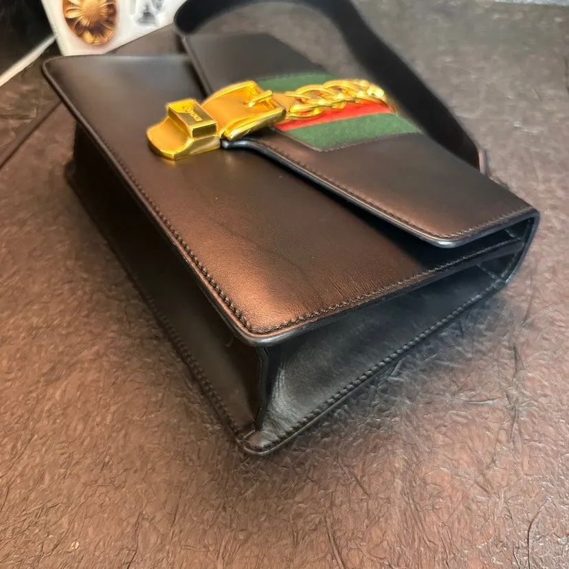 Gucci Sylvie Gold Buckle Striped Grosgrain Bag Black 25.5cm
