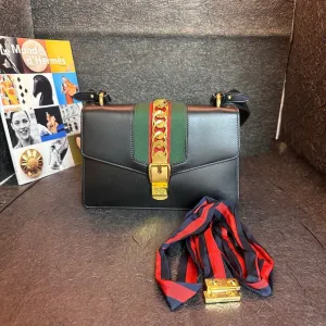 Gucci Sylvie Gold Buckle Striped Grosgrain Bag Black 25.5cm