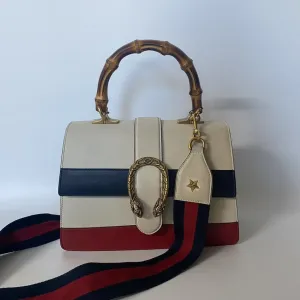 GUCCI Sylvie Red, Blue, and Beige Leather Top Handle Bag