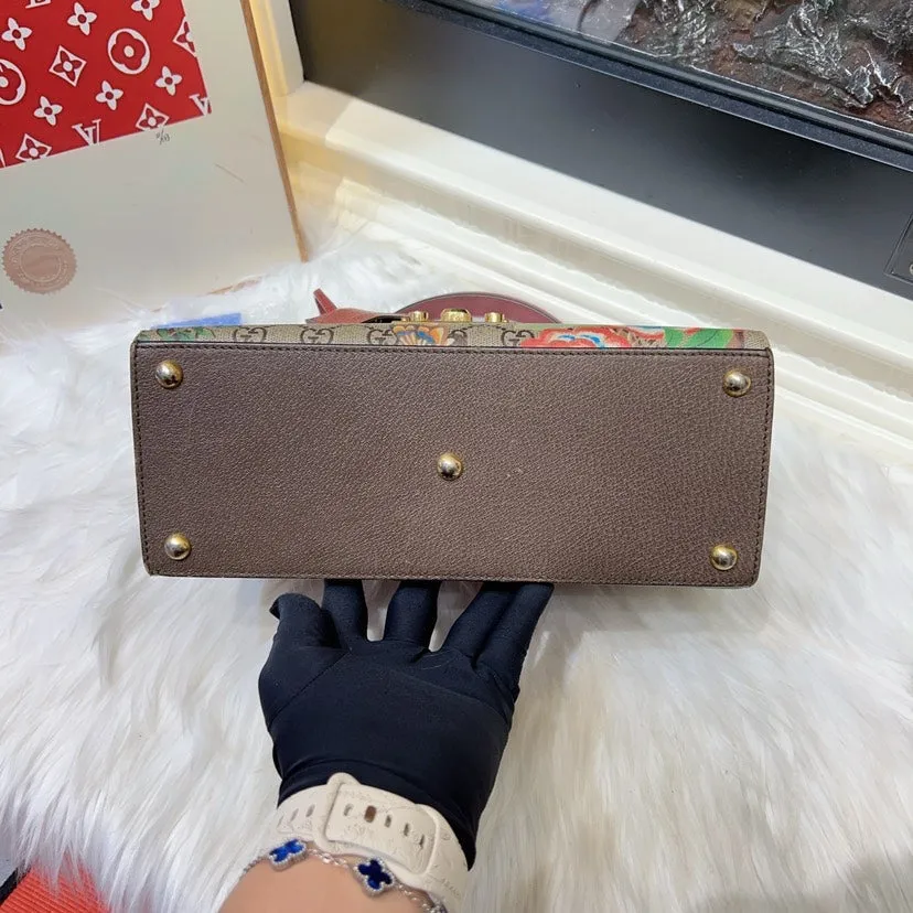 Gucci Tian GG Supreme Floral Print Padlock Bag Small Brown Multicolor