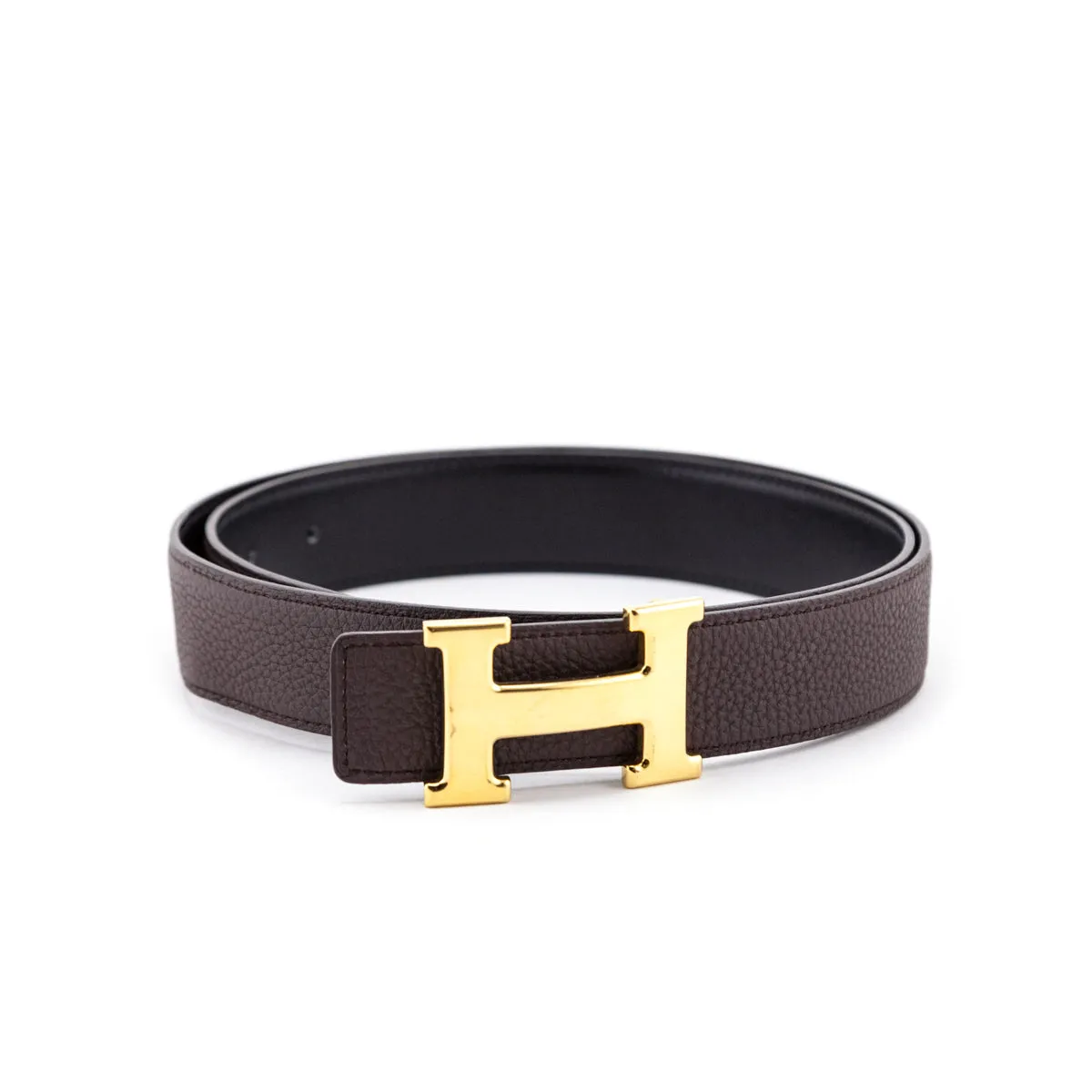 Hermes Black & Chocolate Leather H Buckle Reversible Belt Size M