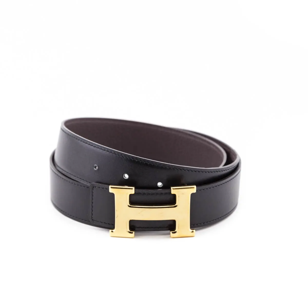 Hermes Black & Chocolate Leather H Buckle Reversible Belt Size M