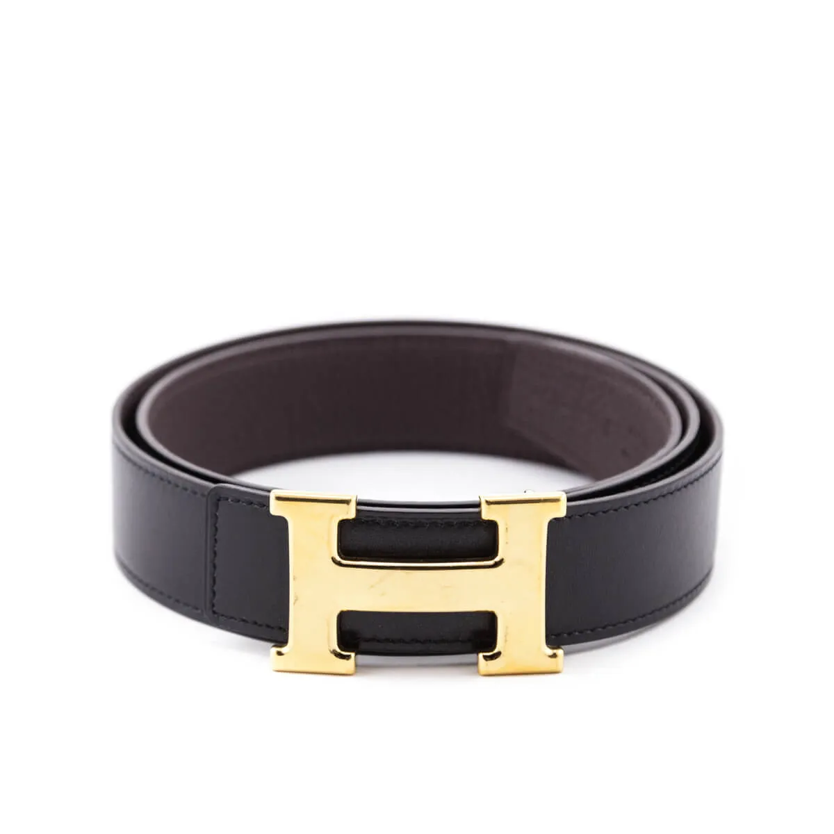 Hermes Black & Chocolate Leather H Buckle Reversible Belt Size M