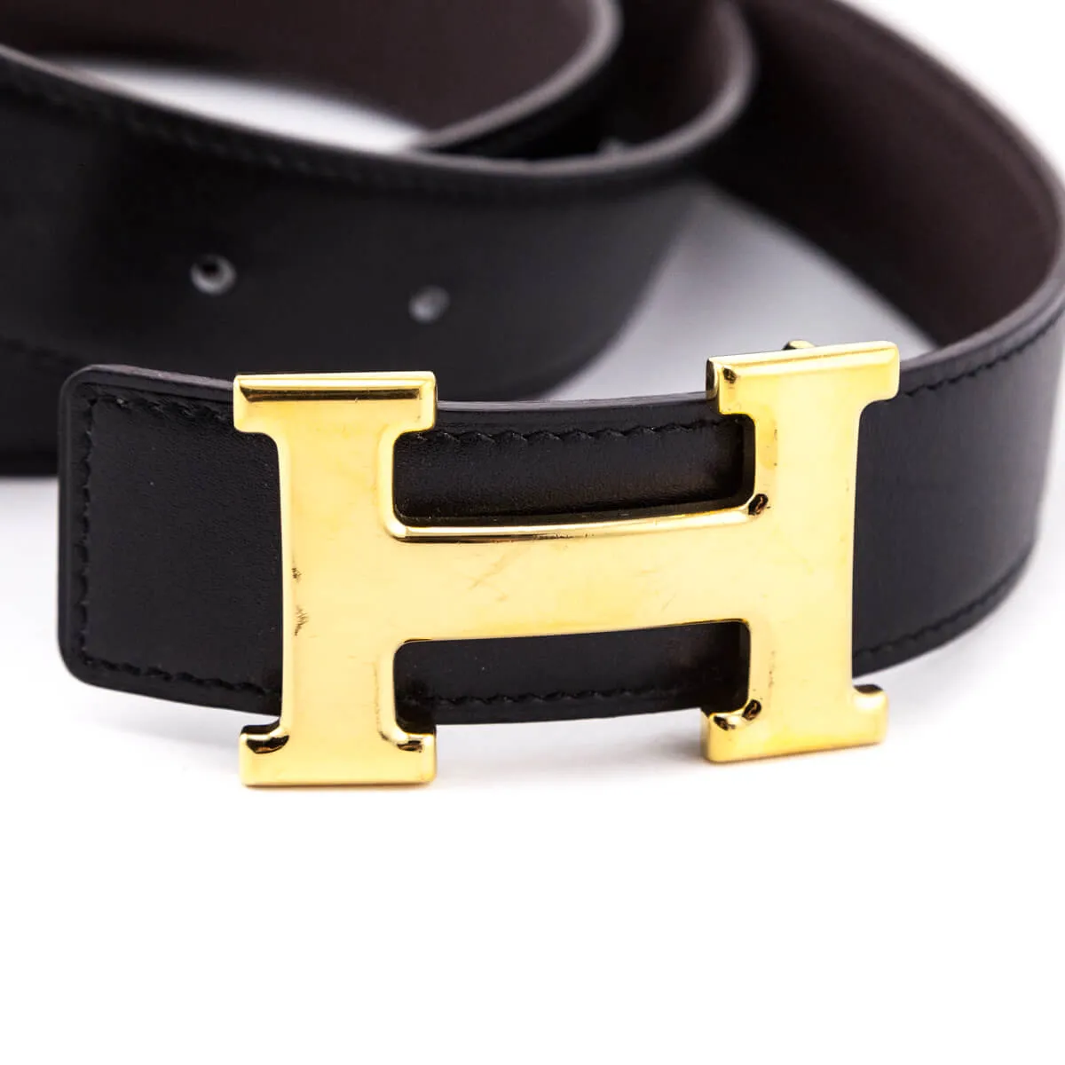 Hermes Black & Chocolate Leather H Buckle Reversible Belt Size M