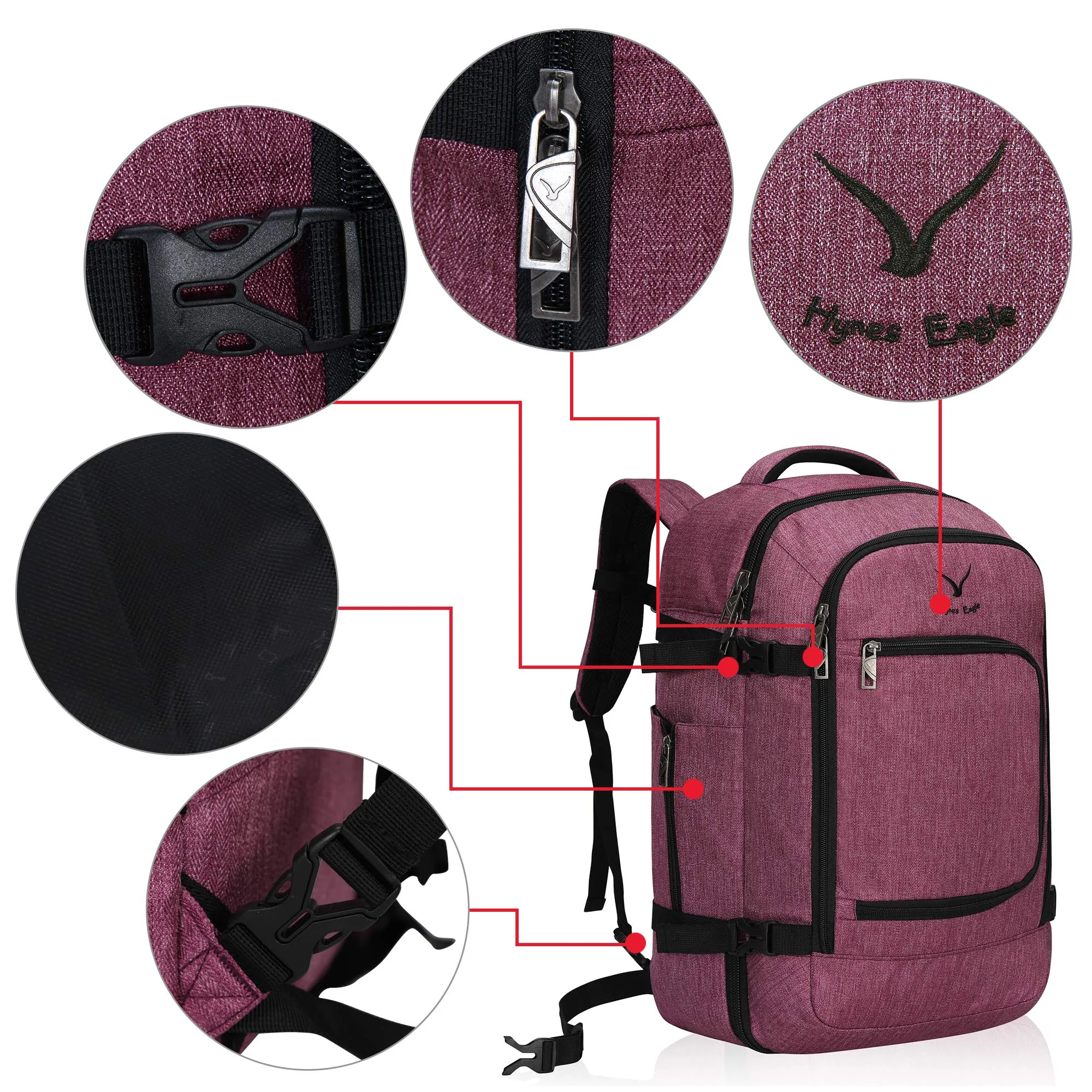 Hynes Eagle Travel Backpack 40L Flight Approved Carry on Backpack, Red Violet 2018