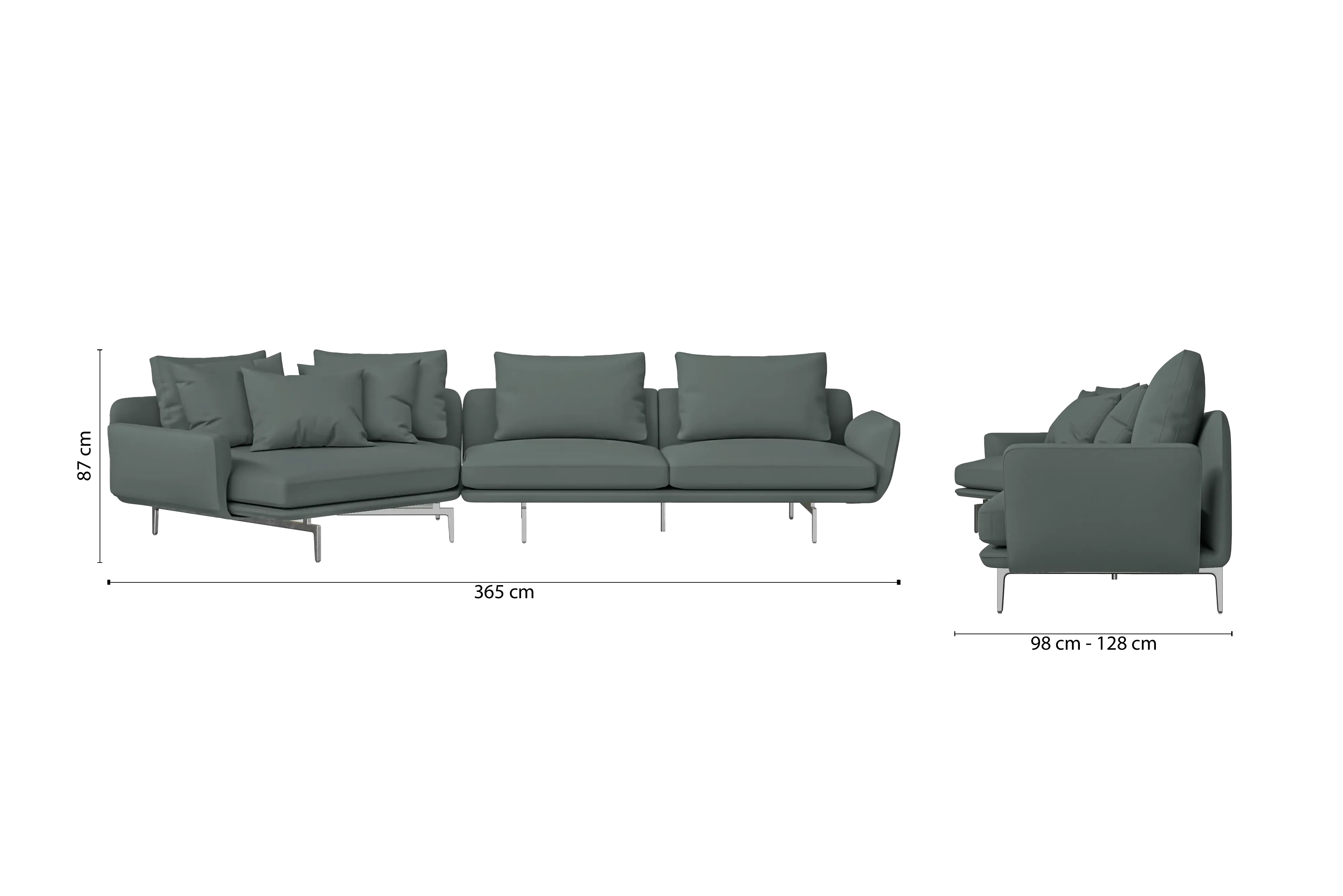 Legnano 4 Seater Left Hand Facing Chaise Lounge Corner Sofa Dusky Turquoise Leather