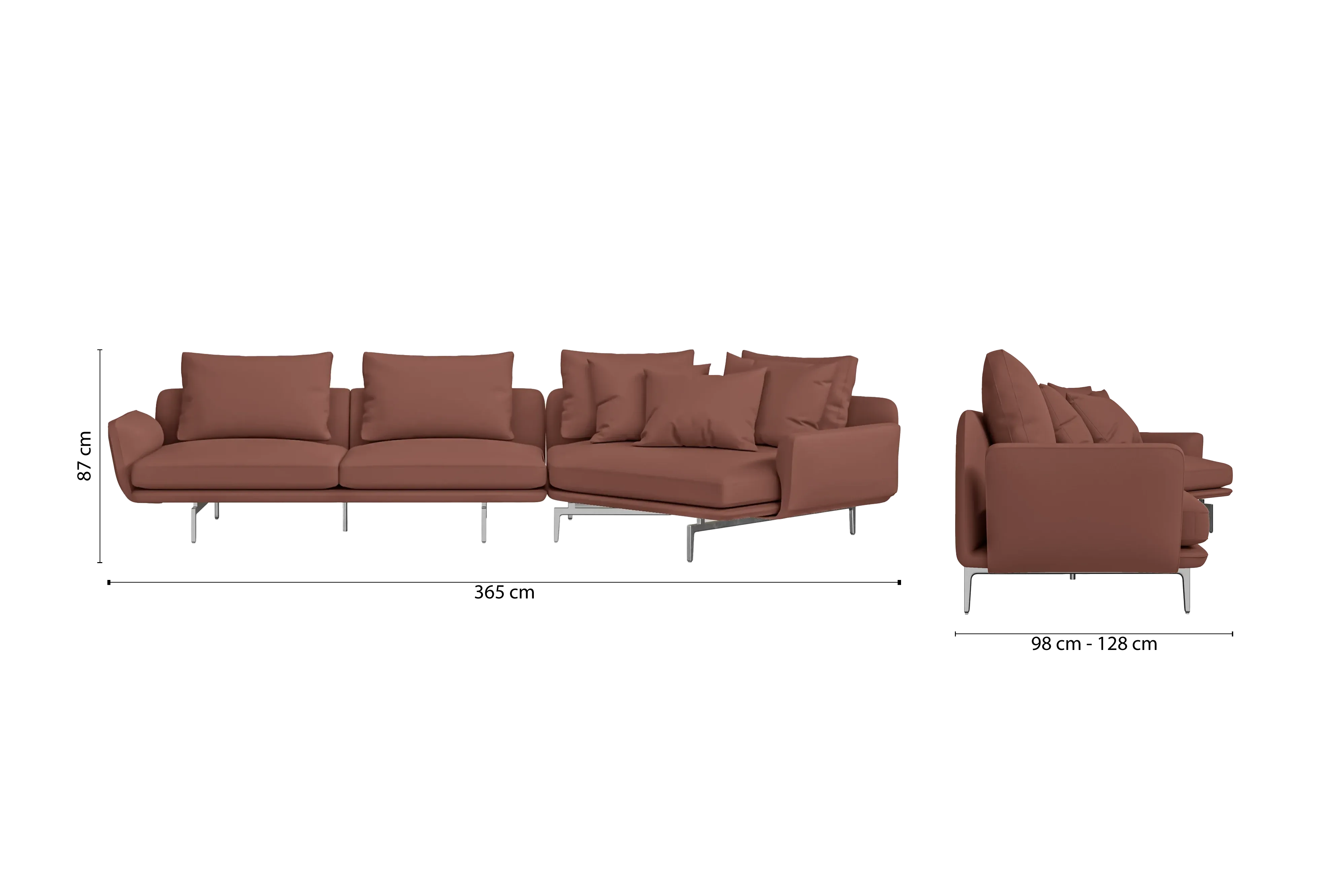 Legnano 4 Seater Right Hand Facing Chaise Lounge Corner Sofa Mauve Leather
