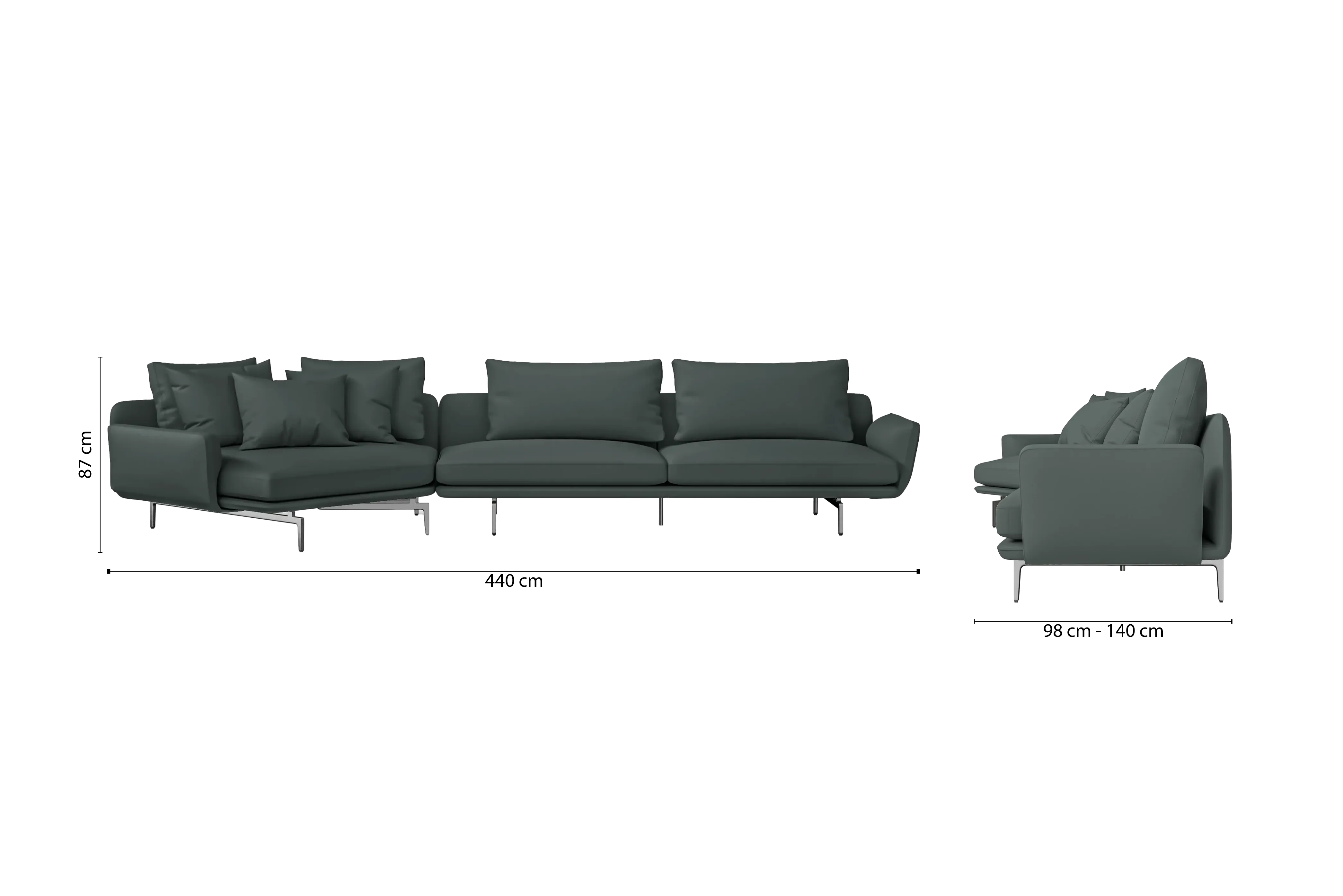 Legnano 5 Seater Left Hand Facing Chaise Lounge Corner Sofa Dusky Turquoise Leather