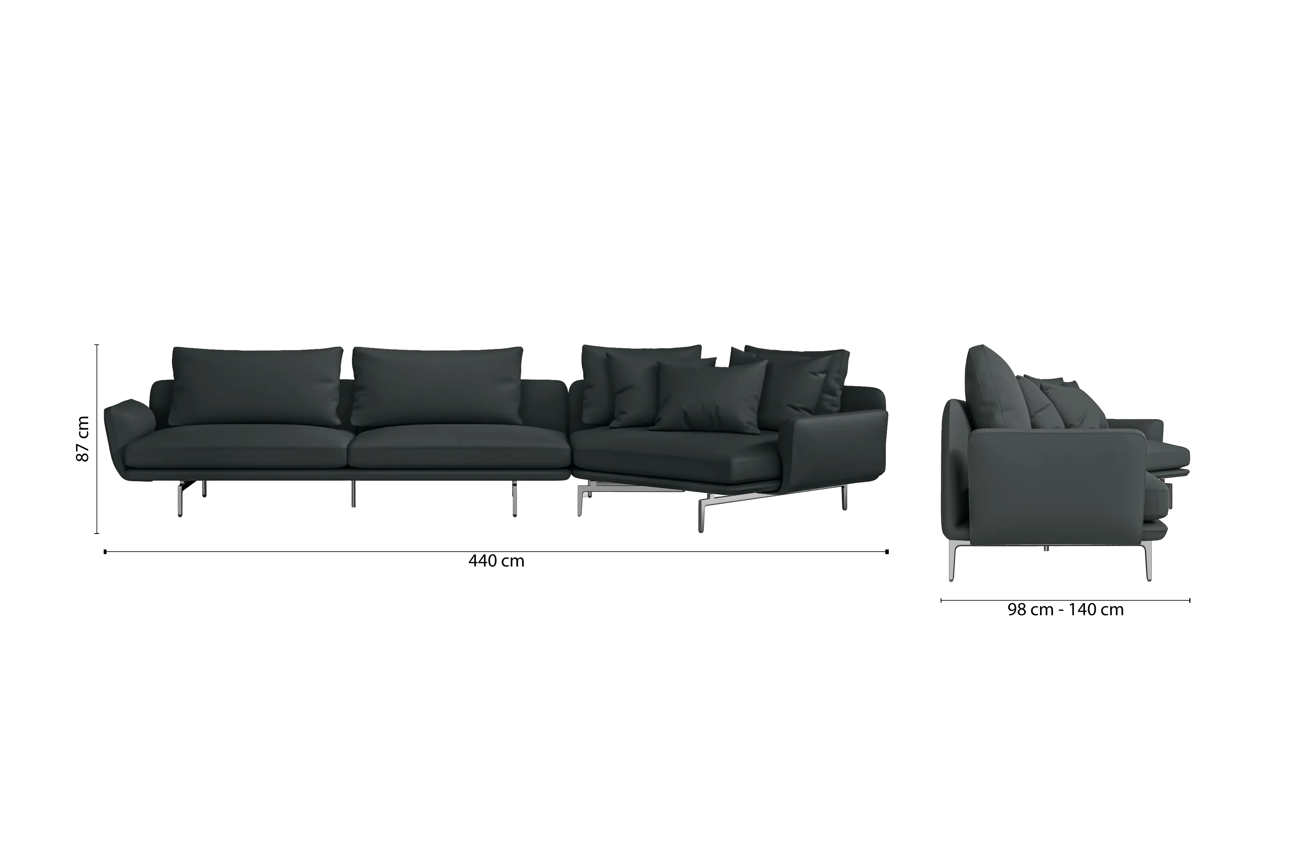 Legnano 5 Seater Right Hand Facing Chaise Lounge Corner Sofa Slate Leather