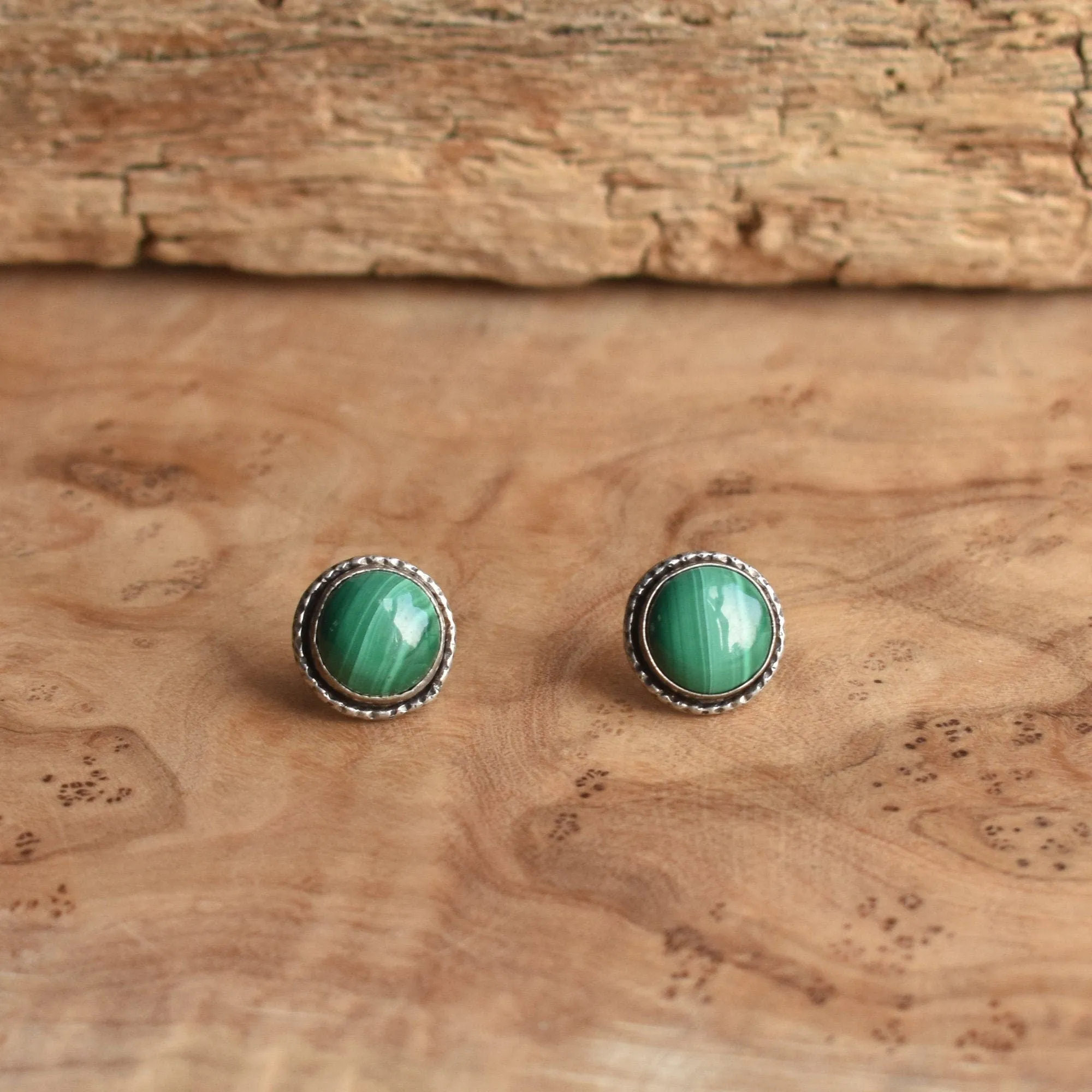 Malachite Hammered Posts - Green Malachite Posts - Malachite Earrings - .925 Sterling Silver - Big Malachite Earrings
