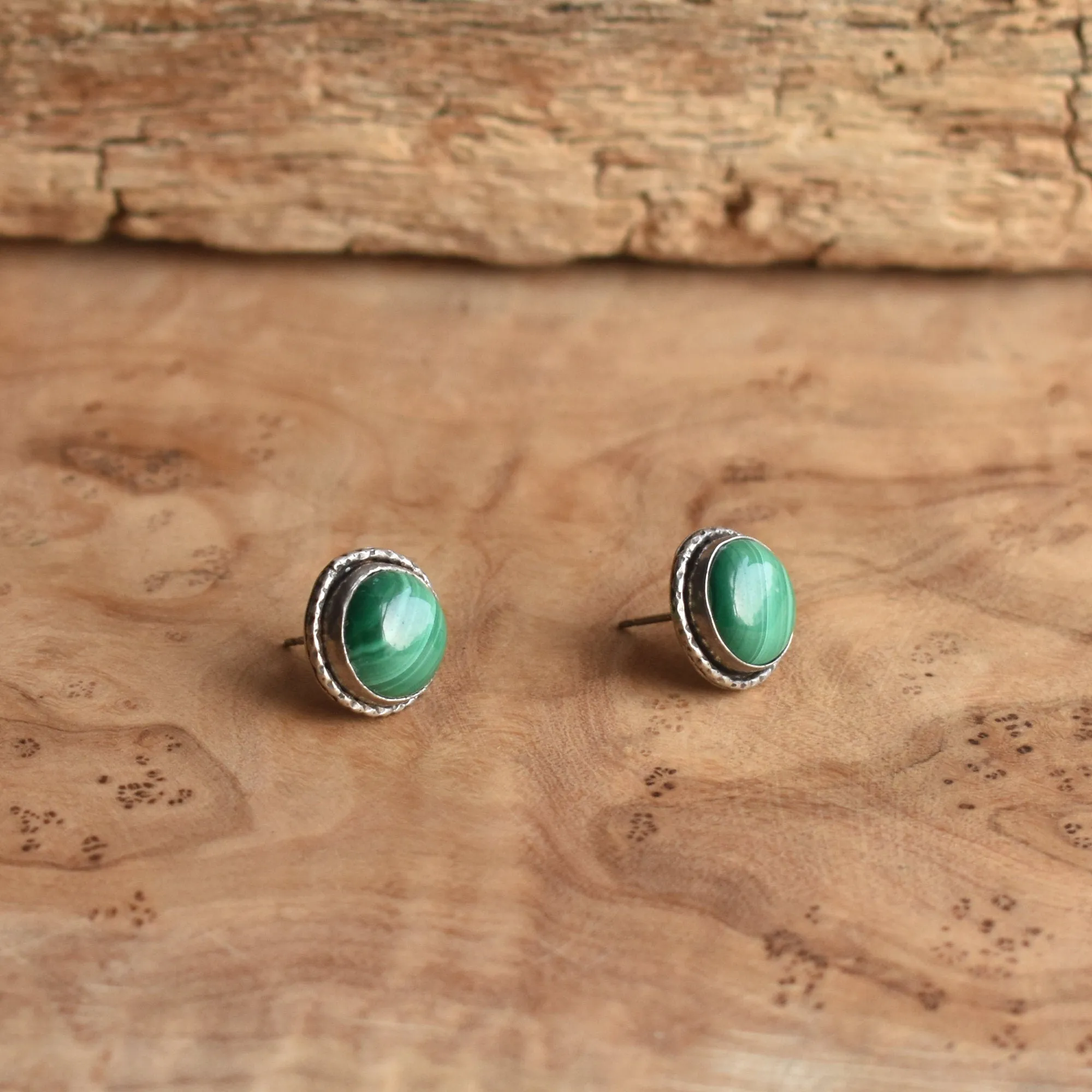 Malachite Hammered Posts - Green Malachite Posts - Malachite Earrings - .925 Sterling Silver - Big Malachite Earrings