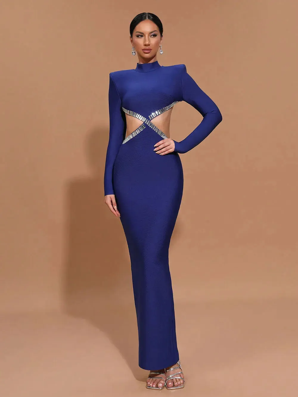 Nail Diamond Backless Stand Collar Long Sleeve Bandage Maxi Dress