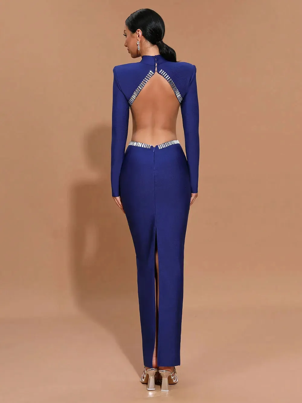 Nail Diamond Backless Stand Collar Long Sleeve Bandage Maxi Dress