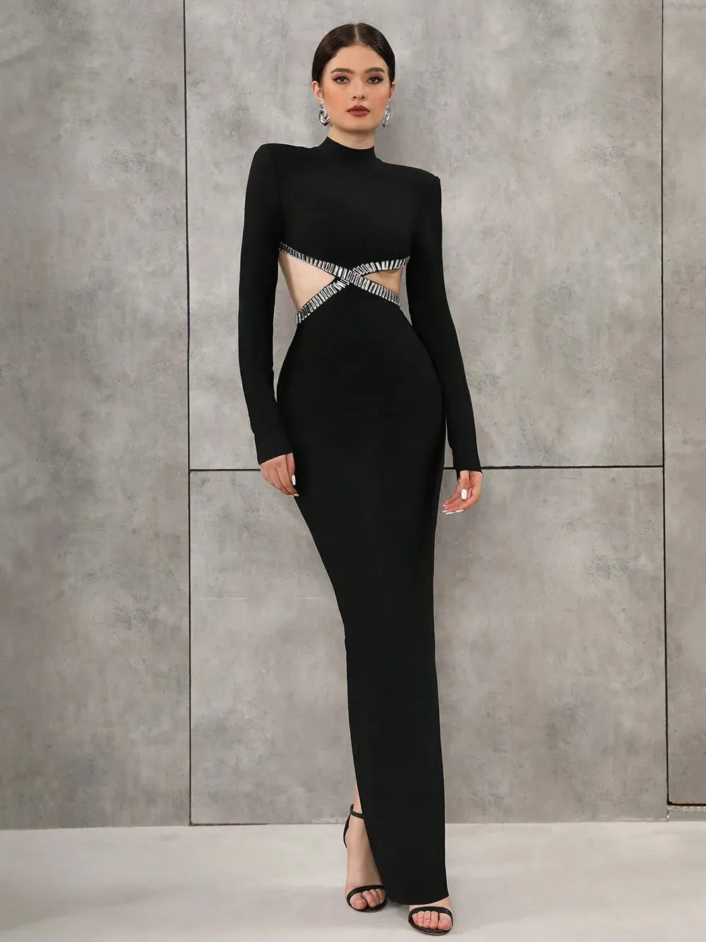 Nail Diamond Backless Stand Collar Long Sleeve Bandage Maxi Dress