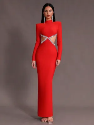Nail Diamond Backless Stand Collar Long Sleeve Bandage Maxi Dress