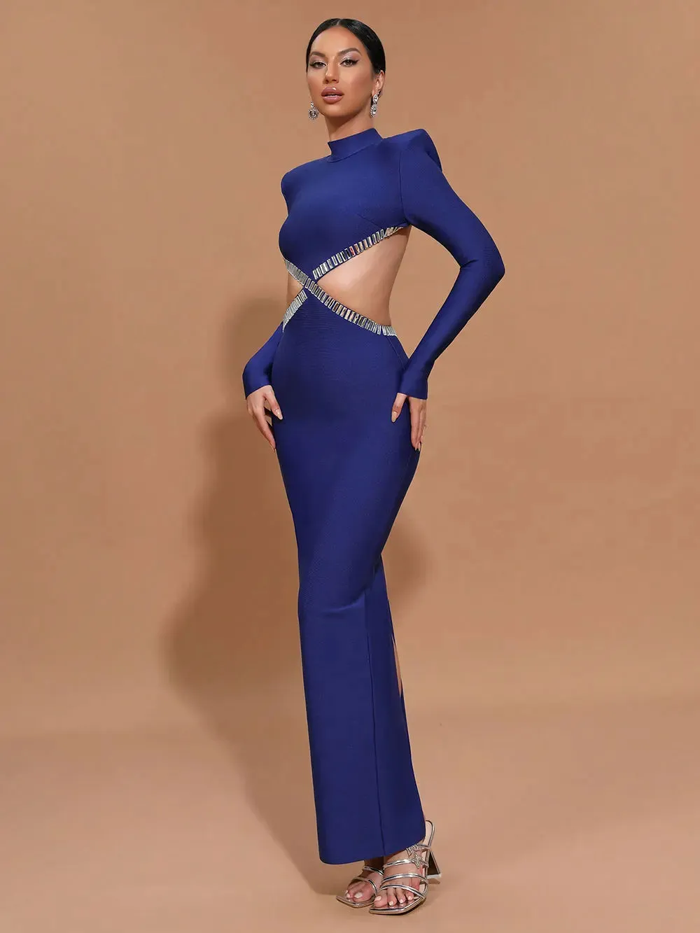 Nail Diamond Backless Stand Collar Long Sleeve Bandage Maxi Dress