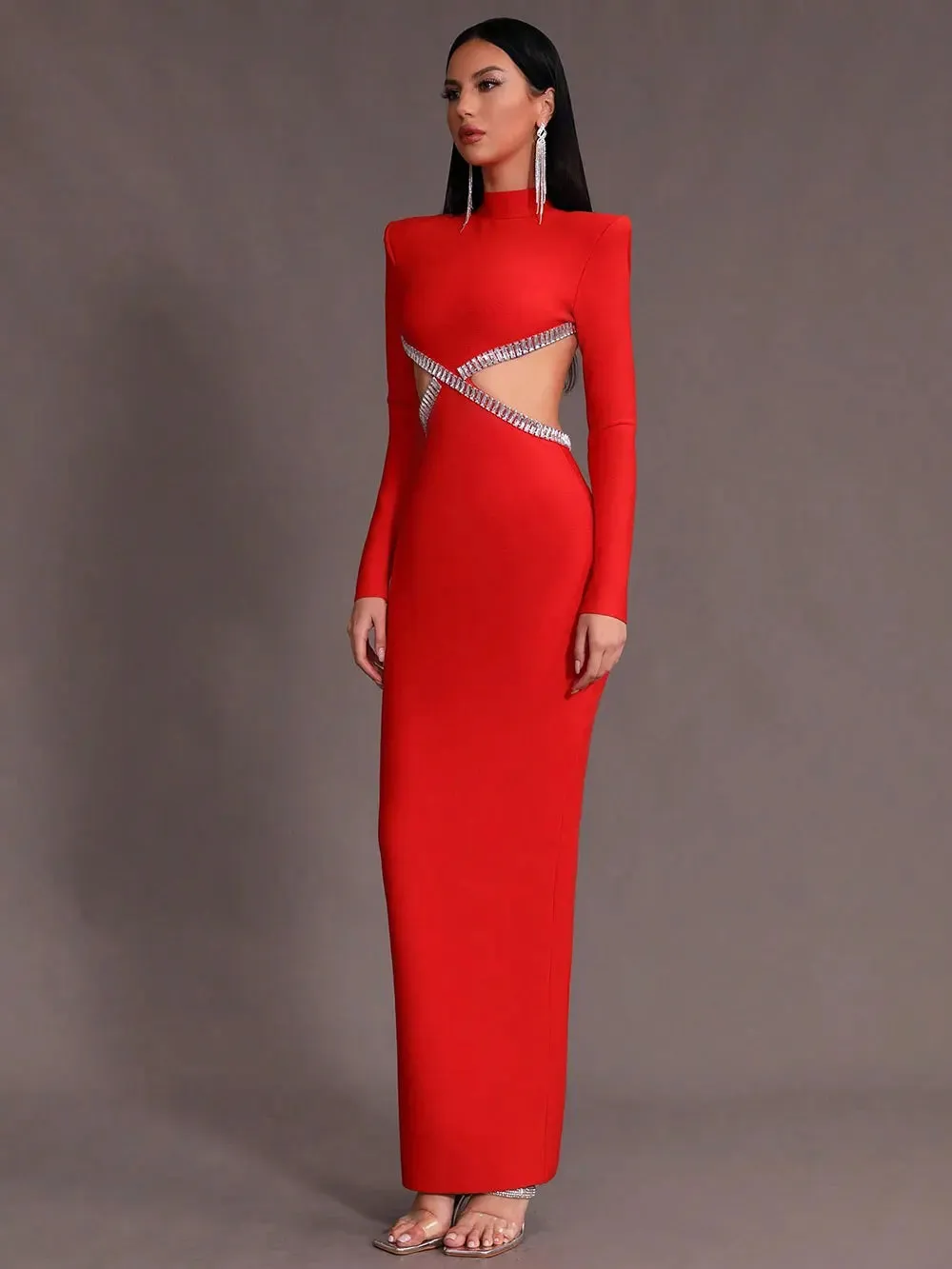 Nail Diamond Backless Stand Collar Long Sleeve Bandage Maxi Dress