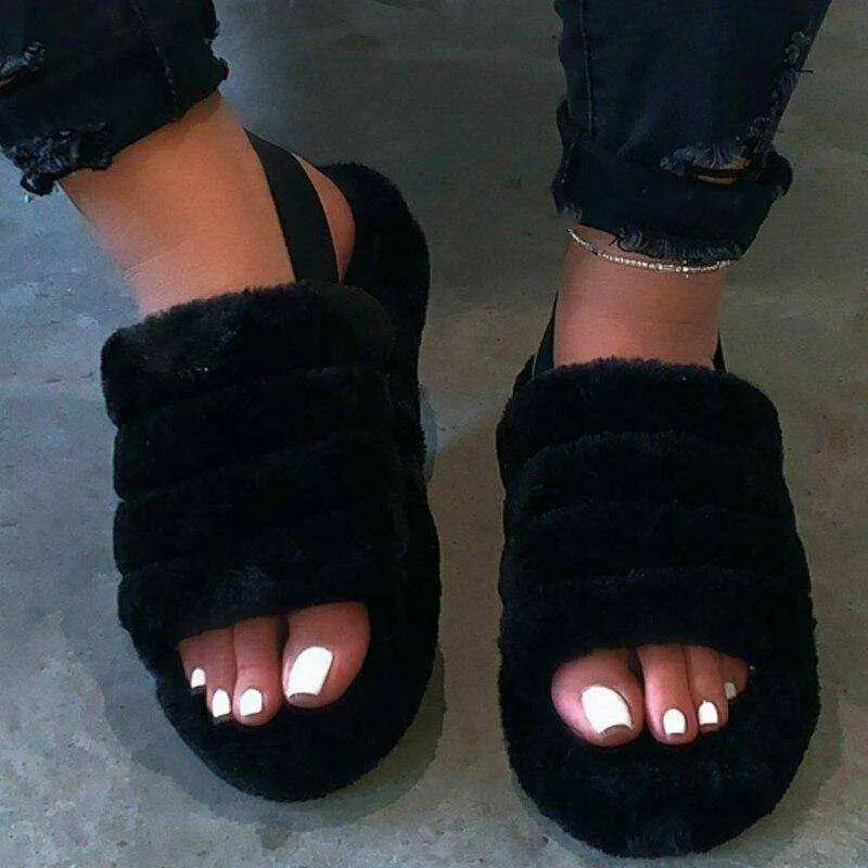 New Women's Indoor Fur Slides Bottom Anti Slip Furry Slippers