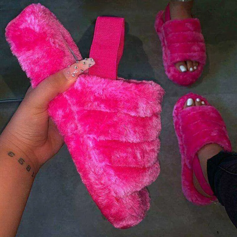 New Women's Indoor Fur Slides Bottom Anti Slip Furry Slippers