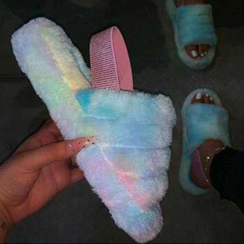 New Women's Indoor Fur Slides Bottom Anti Slip Furry Slippers
