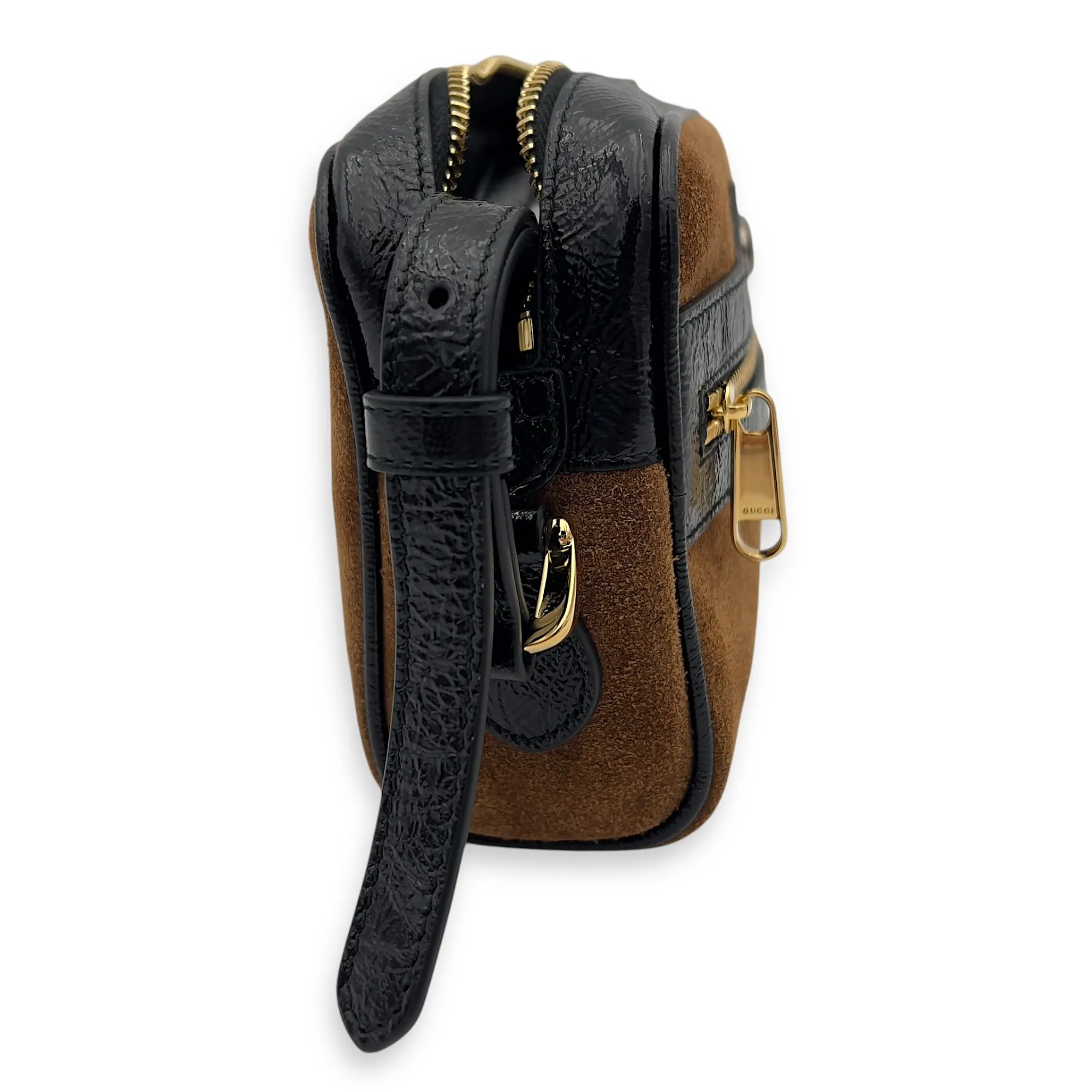 Ophidia Crossbody Bag Brown in Suede Leather, Gold hardware