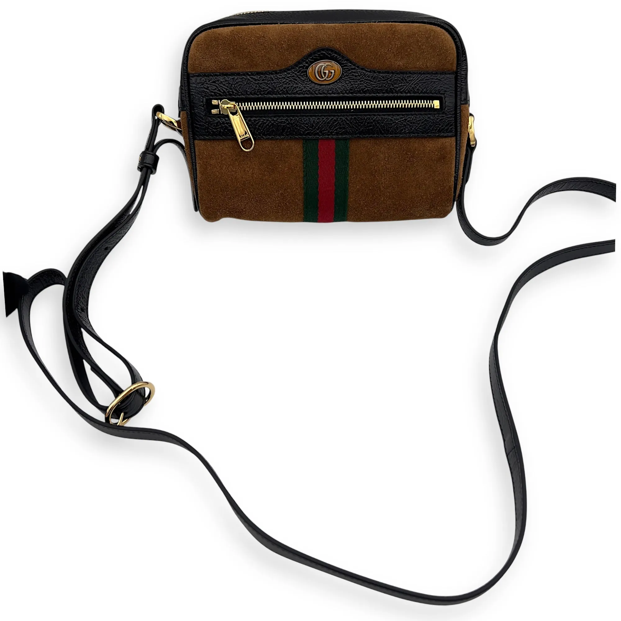 Ophidia Crossbody Bag Brown in Suede Leather, Gold hardware