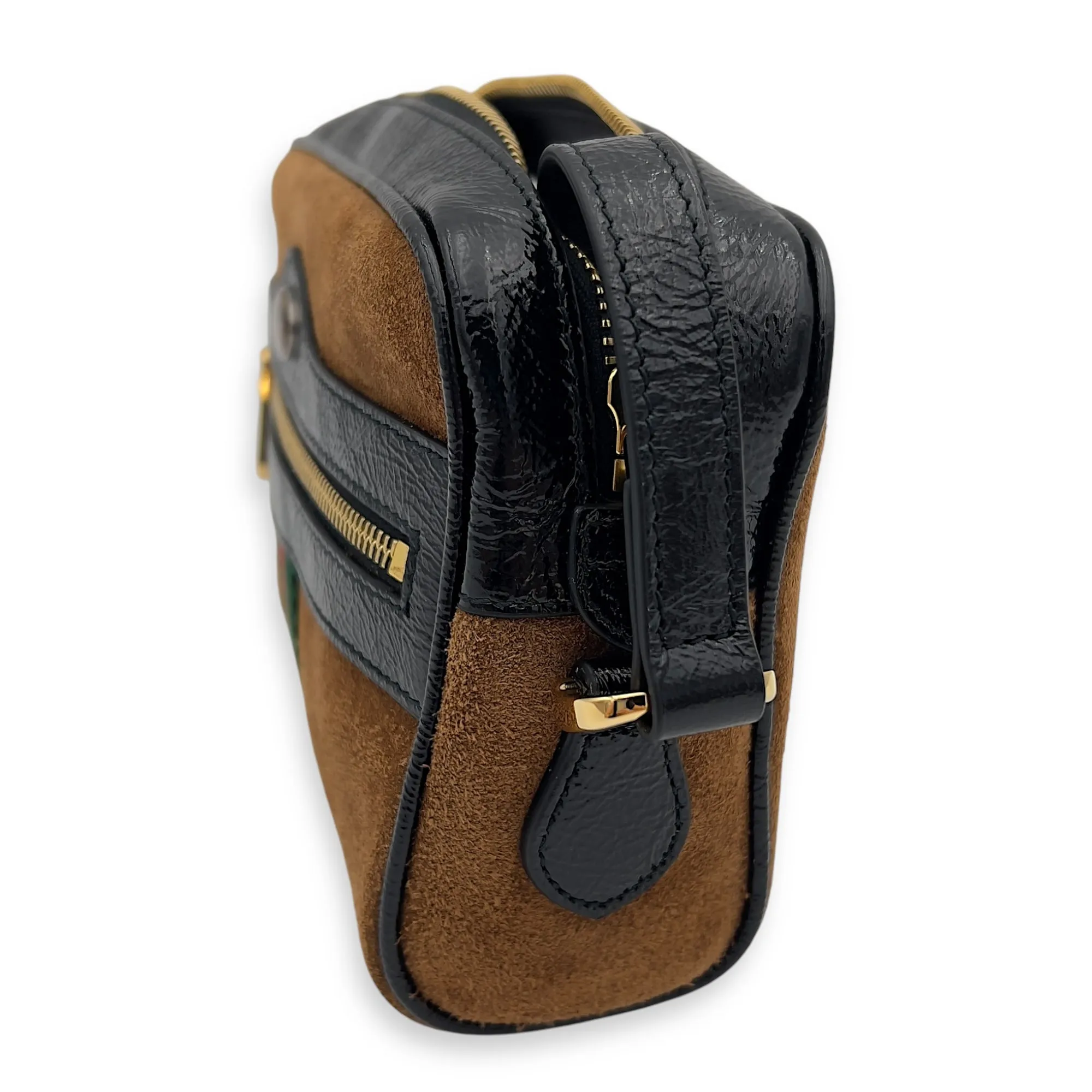 Ophidia Crossbody Bag Brown in Suede Leather, Gold hardware