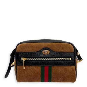 Ophidia Crossbody Bag Brown in Suede Leather, Gold hardware