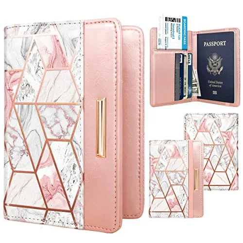 Passport Holder Cover,Traveling Passport Case Cute Passport Wallet for Women,Gold Pink Marble