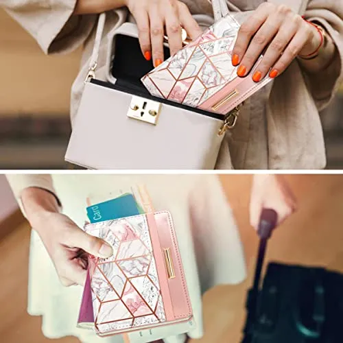 Passport Holder Cover,Traveling Passport Case Cute Passport Wallet for Women,Gold Pink Marble