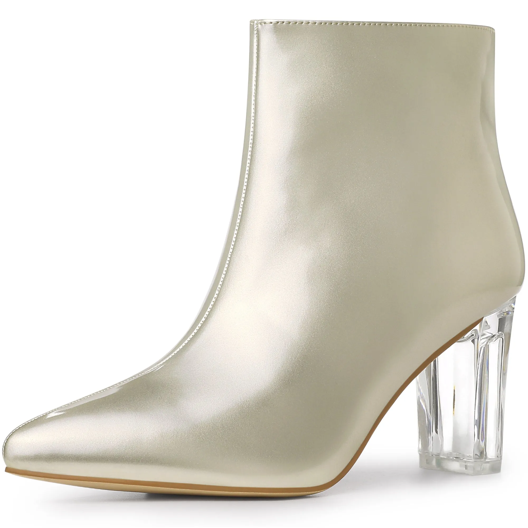 Patent Leather Pointed Toe Clear Chunky Heel Ankle Boots