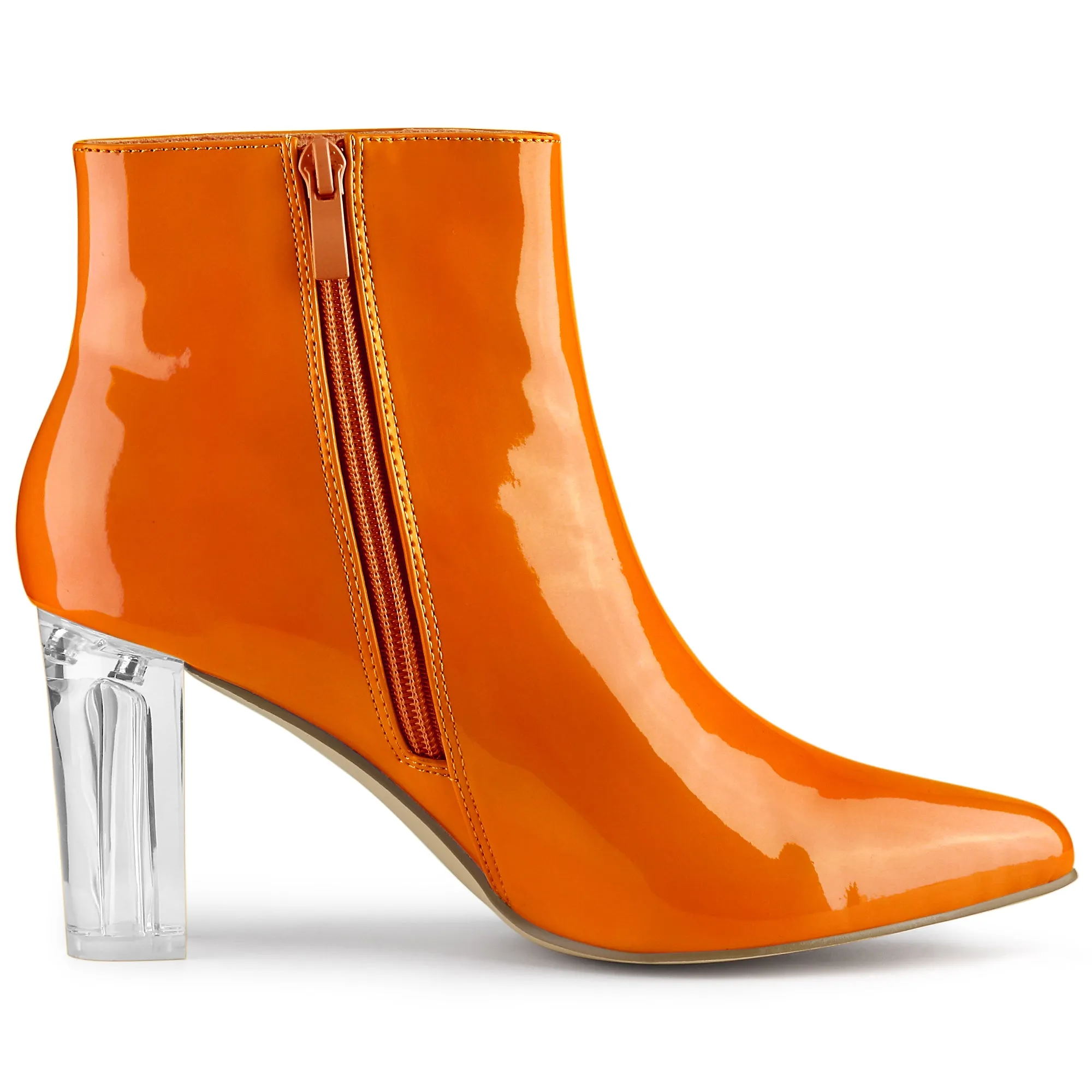 Patent Leather Pointed Toe Clear Chunky Heel Ankle Boots