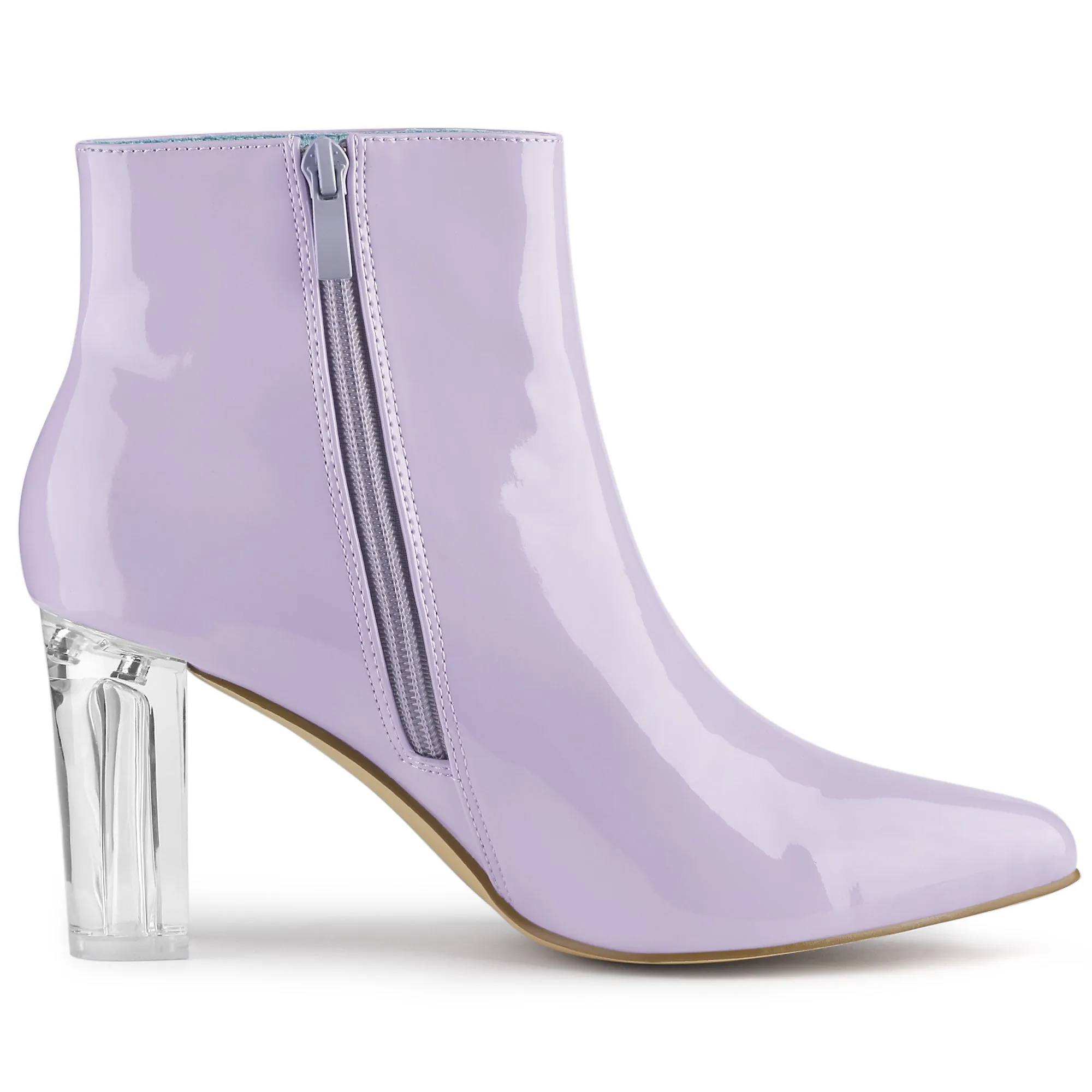 Patent Leather Pointed Toe Clear Chunky Heel Ankle Boots