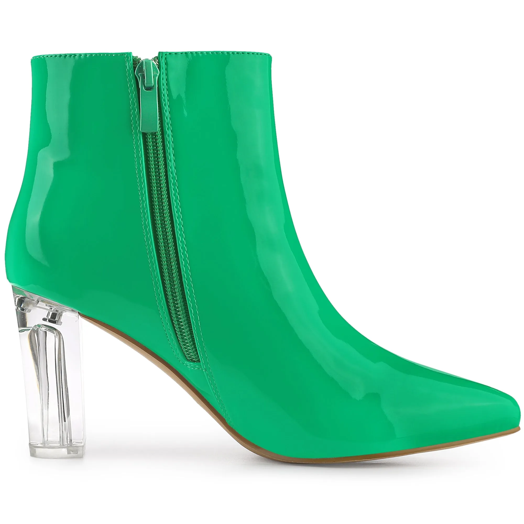Patent Leather Pointed Toe Clear Chunky Heel Ankle Boots