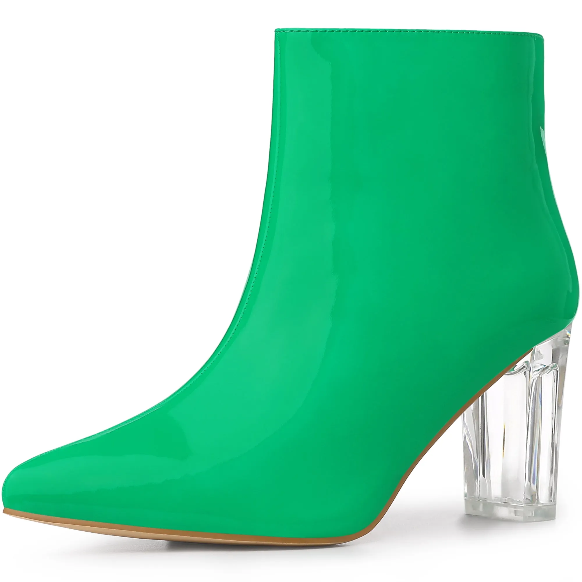 Patent Leather Pointed Toe Clear Chunky Heel Ankle Boots