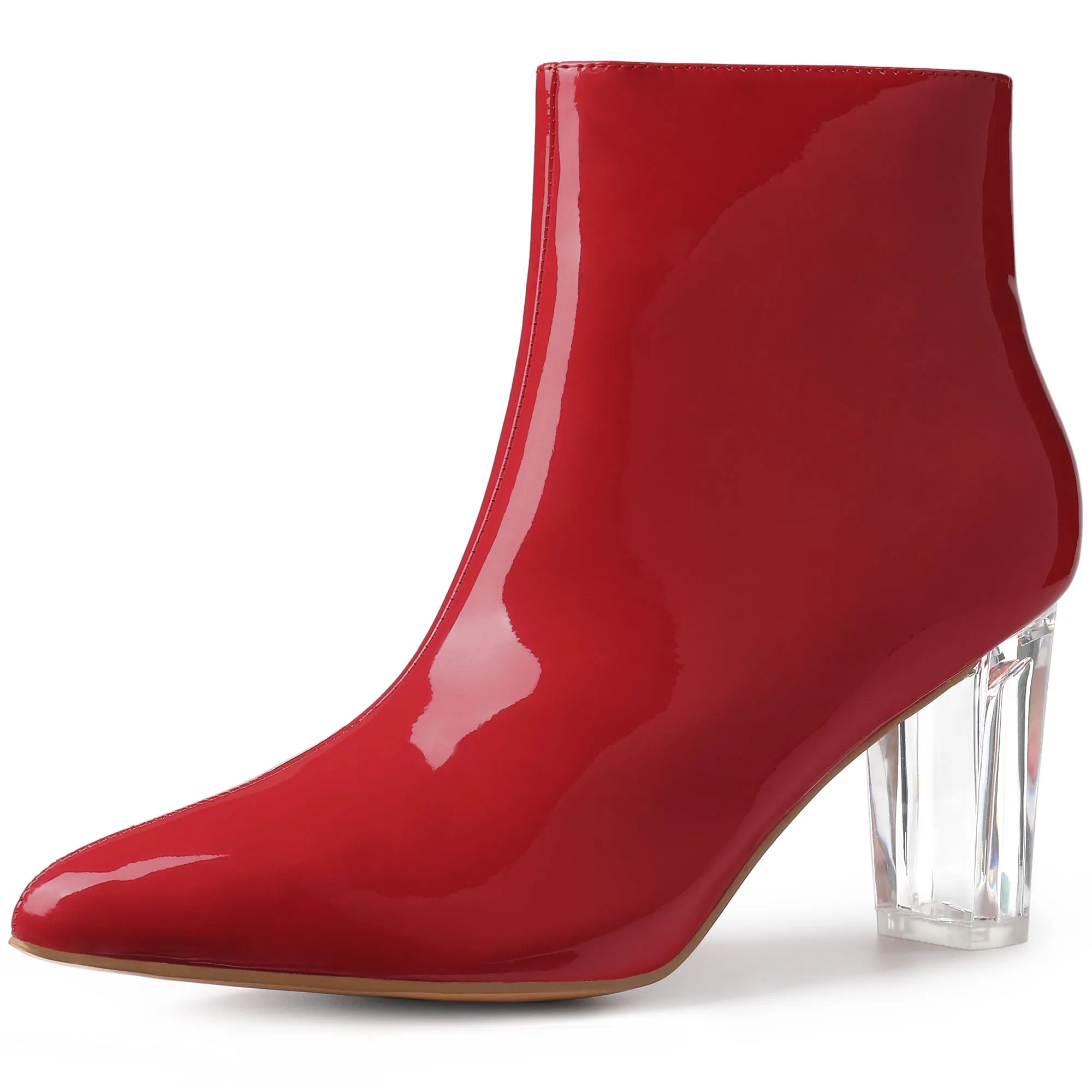 Patent Leather Pointed Toe Clear Chunky Heel Ankle Boots