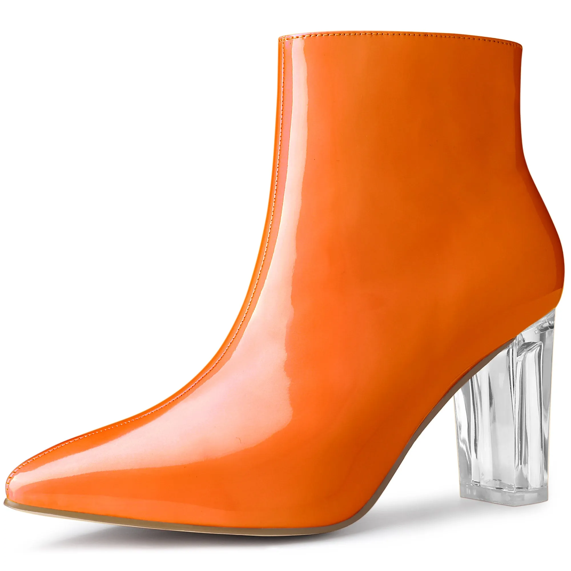 Patent Leather Pointed Toe Clear Chunky Heel Ankle Boots